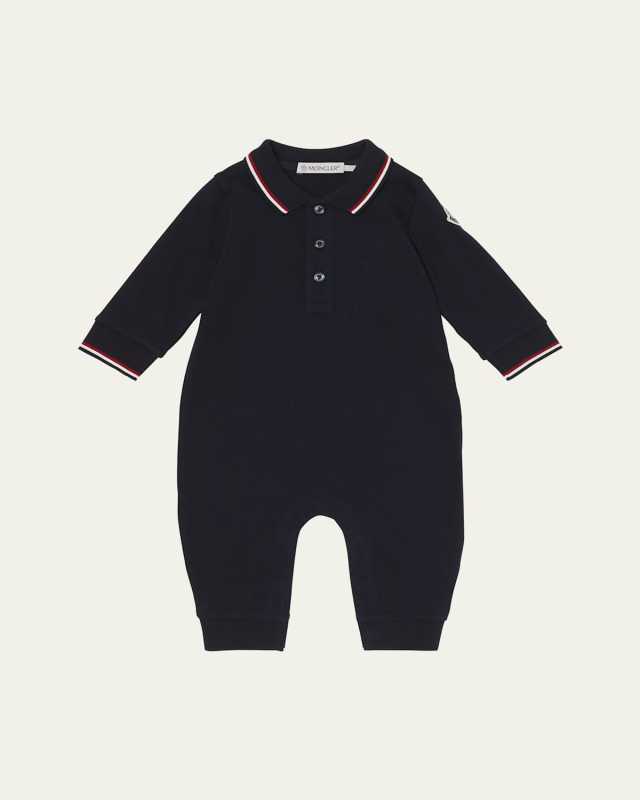 Boy's Long-Sleeve Stretch Cotton Polo Romper, Size 1M-3